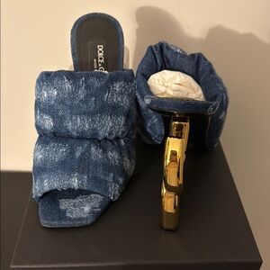 Dolce & Gabbana Blue Denim Mules with Gold Heel